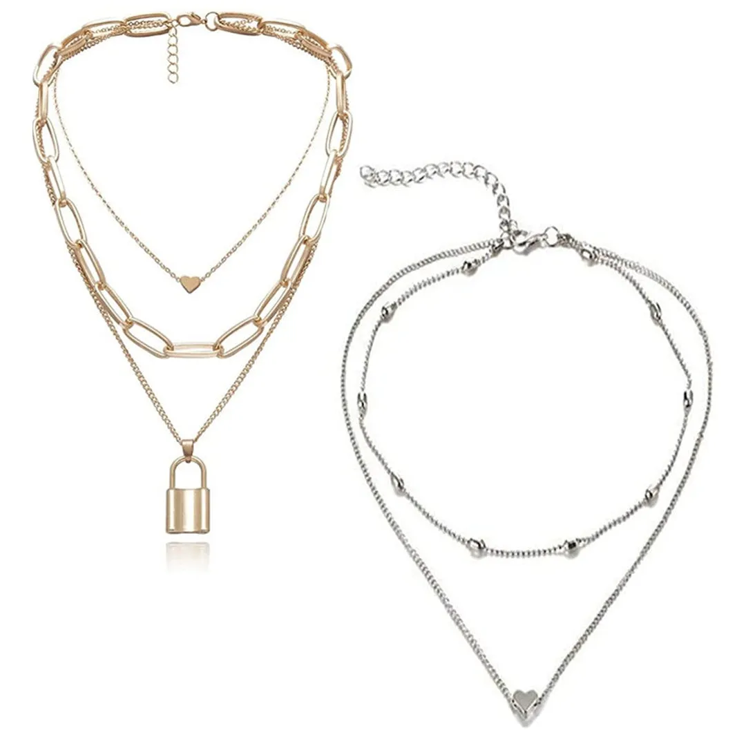 Pack of 2 Gold Silver Layered Heart Lock Heart Pendant