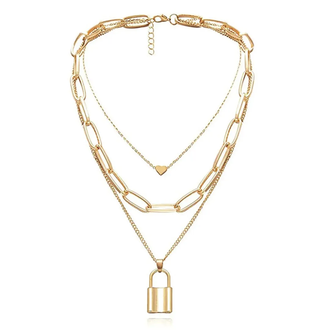 Pack of 2 Heart Lock & Chunky Chain Layered Pendant