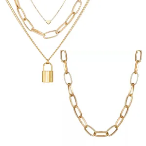 Pack of 2 Heart Lock & Chunky Chain Layered Pendant