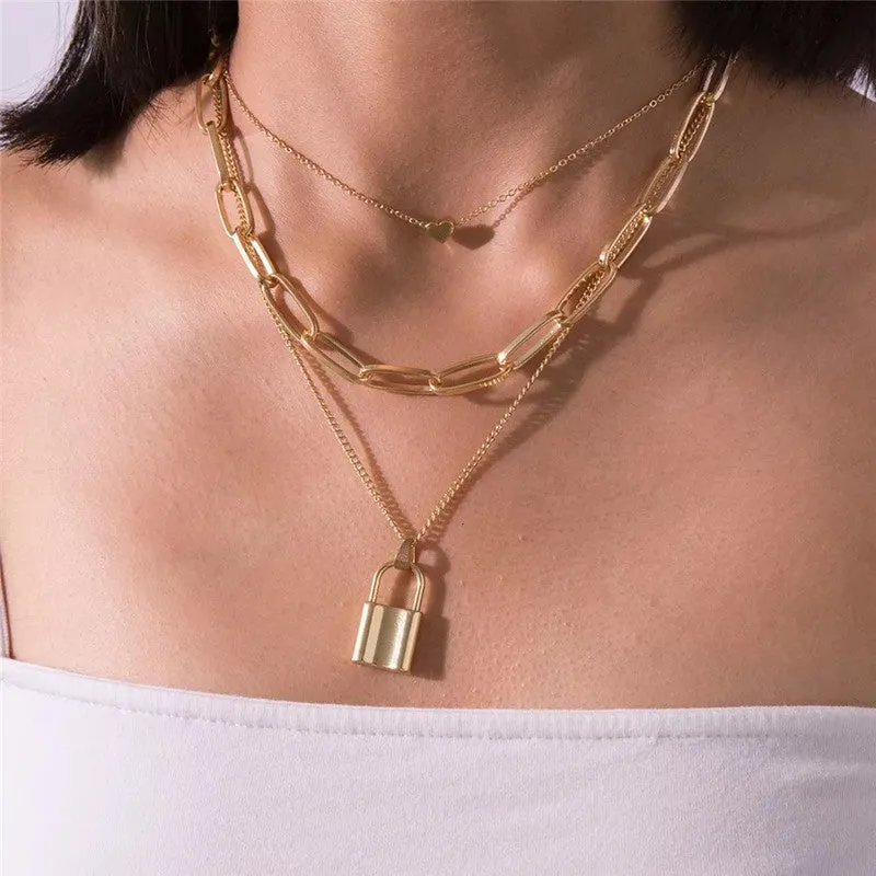 Pack of 2 Heart Lock & Chunky Chain Layered Pendant
