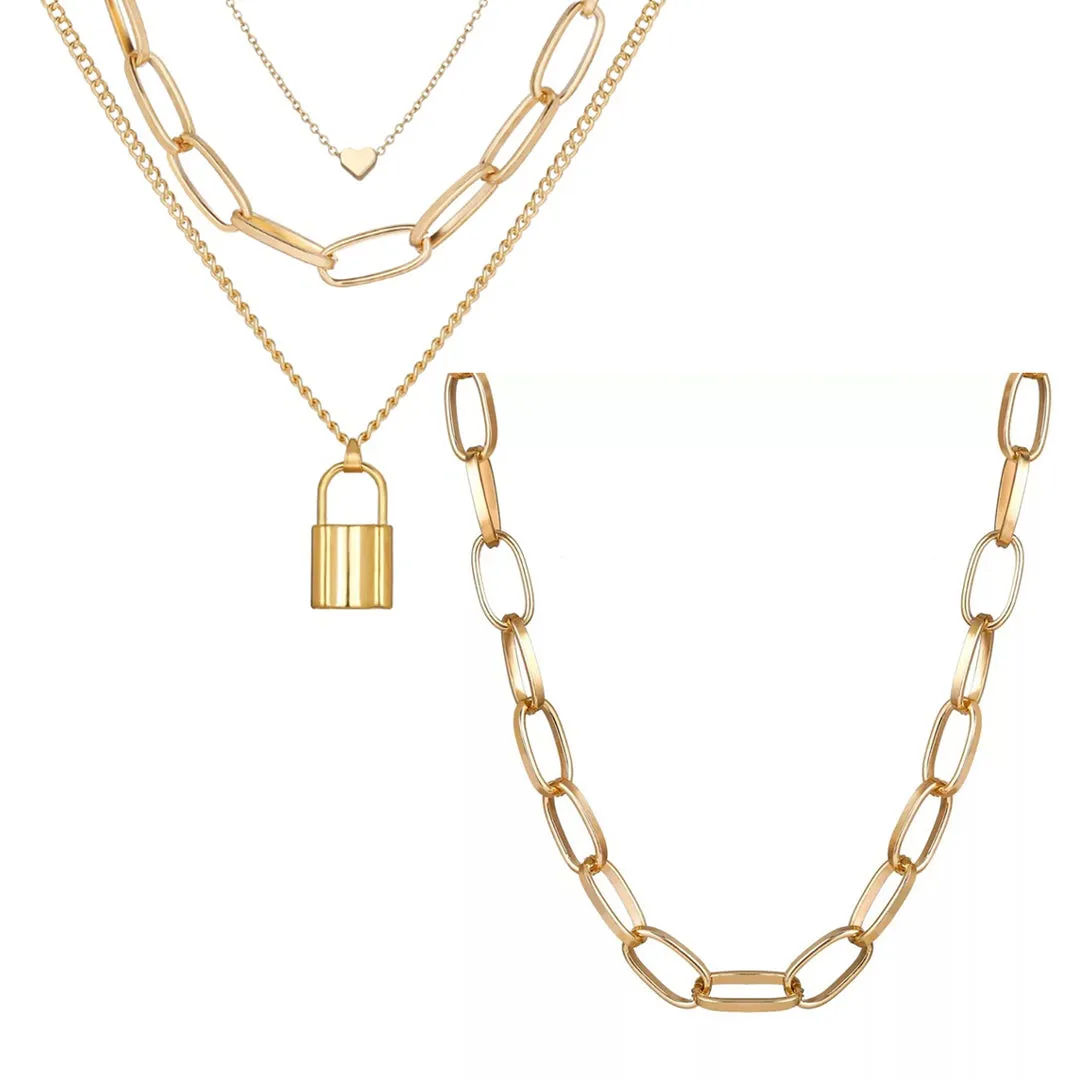 Pack of 2 Heart Lock & Chunky Chain Layered Pendant