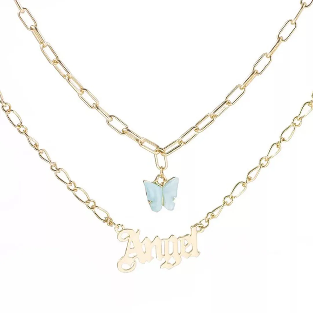 Pack of 2 Layered Heart Lock & Butterfly Angel Pendant