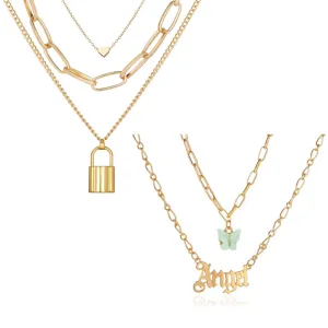 Pack of 2 Layered Heart Lock & Butterfly Angel Pendant