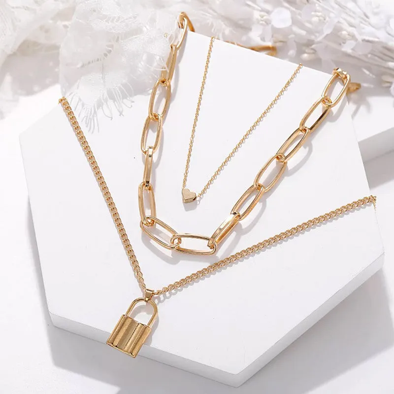 Pack Of 2 Layered Pearl And Heart Chain Lock Pendant