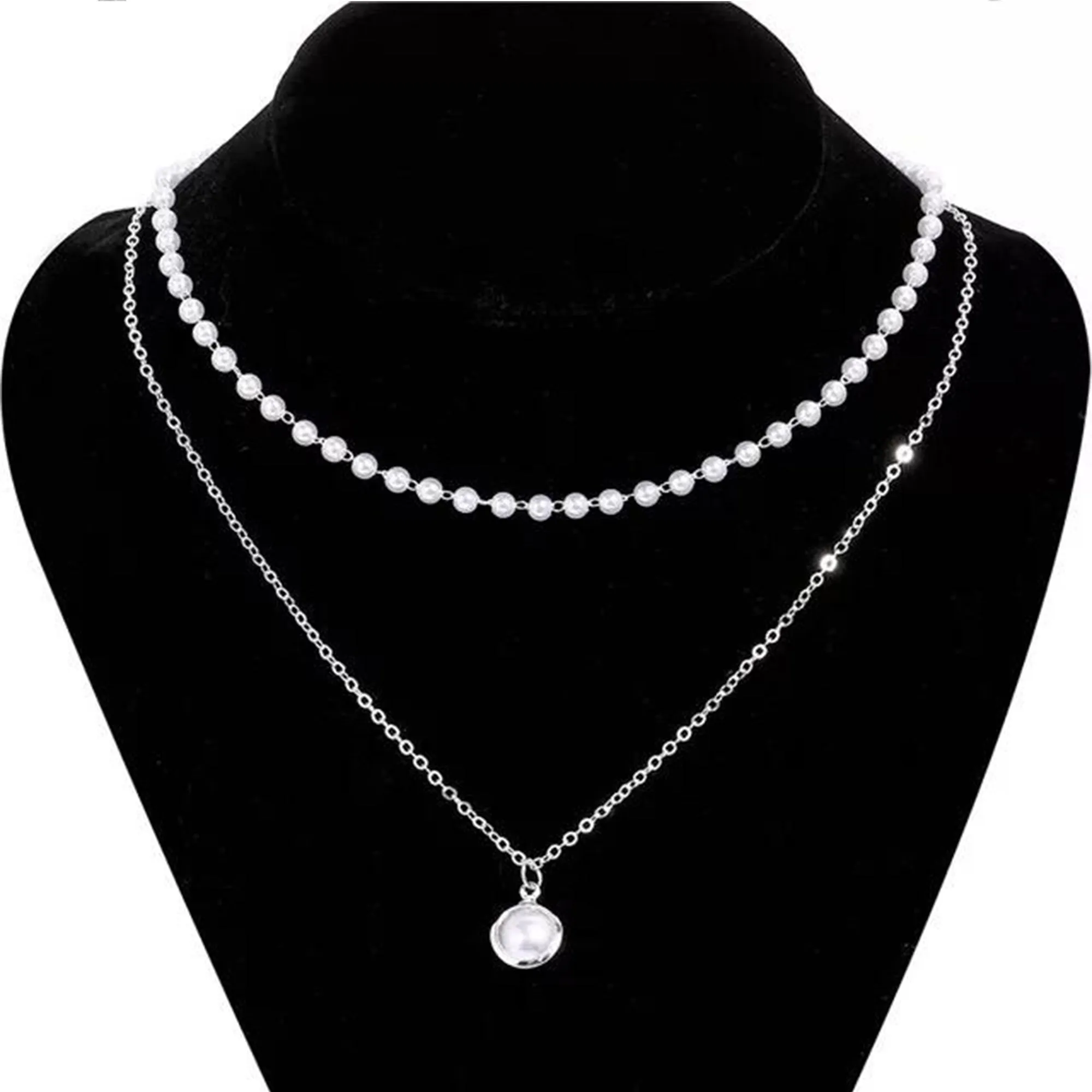 Pack Of 2 Layered Pearl And Heart Chain Lock Pendant