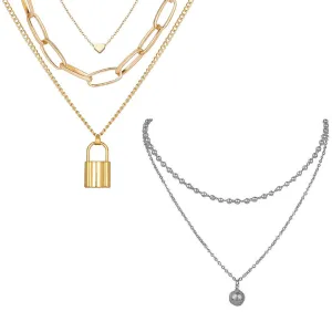 Pack Of 2 Layered Pearl And Heart Chain Lock Pendant