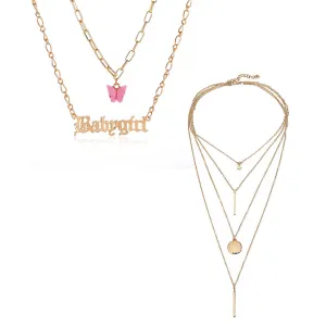 Pack of 2 Layered Star Coin Line & Pink Butterfly Babygirl Pendant