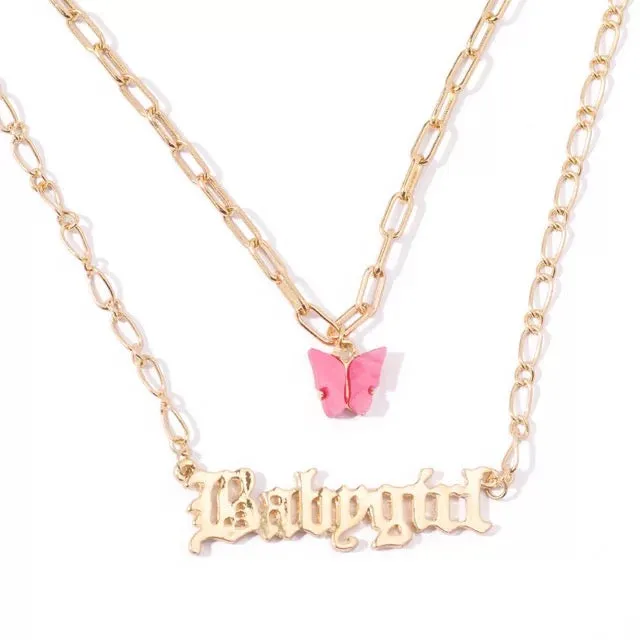 Pack of 2 Layered Star Coin Line & Pink Butterfly Babygirl Pendant