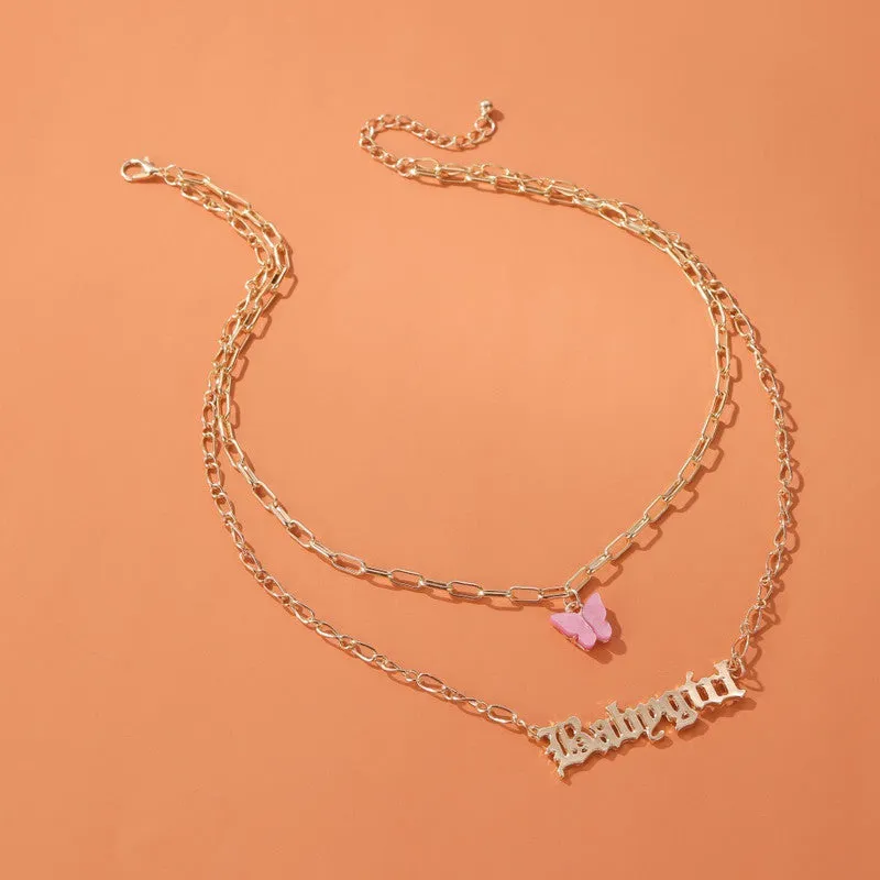 Pack of 2 Layered Star Coin Line & Pink Butterfly Babygirl Pendant