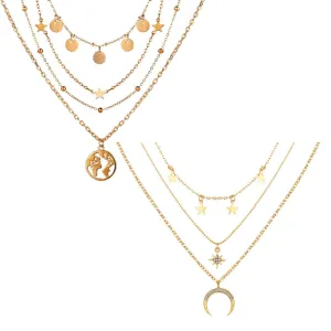 Pack Of 2 Layered Star Drop Half Moon and Earth Necklace