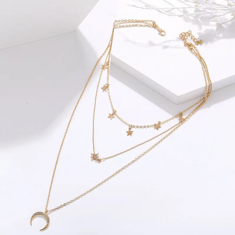 Pack Of 2 Layered Star Drop Half Moon and Earth Necklace