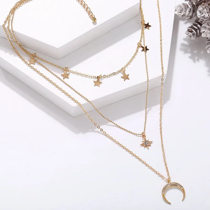 Pack Of 2 Layered Star Drop Half Moon and Earth Necklace