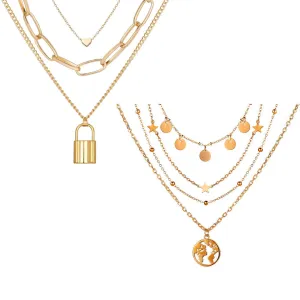 Pack Of 2 Layered Star World And Heart Lock Pendant