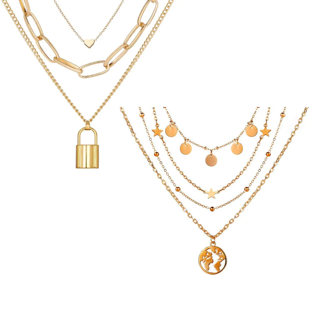 Pack Of 2 Layered Star World And Heart Lock Pendant