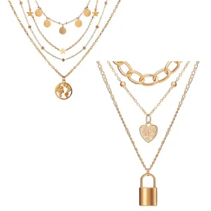 Pack Of 2 Multi Layered Chain Heart Lock Pendant