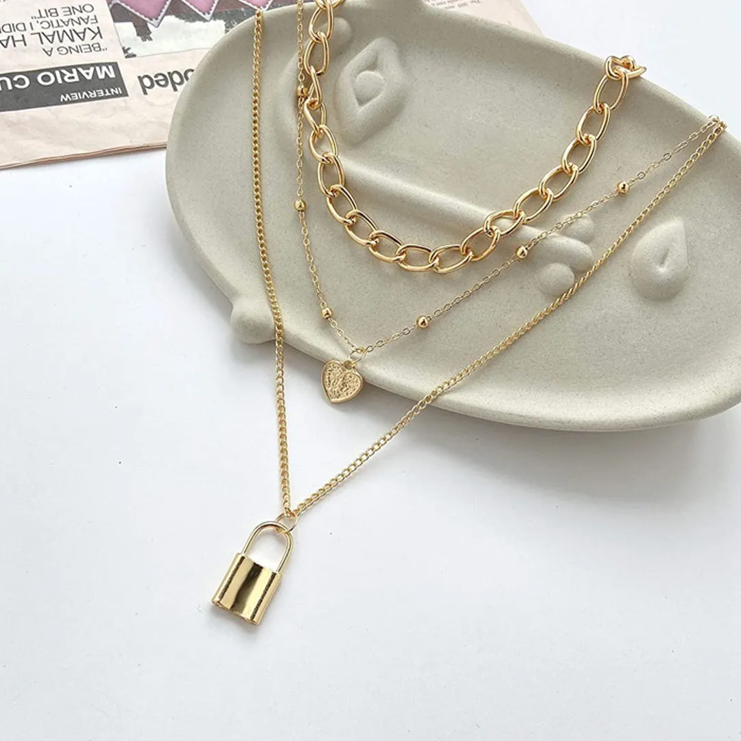 Pack Of 2 Multi Layered Chain Heart Lock Pendant