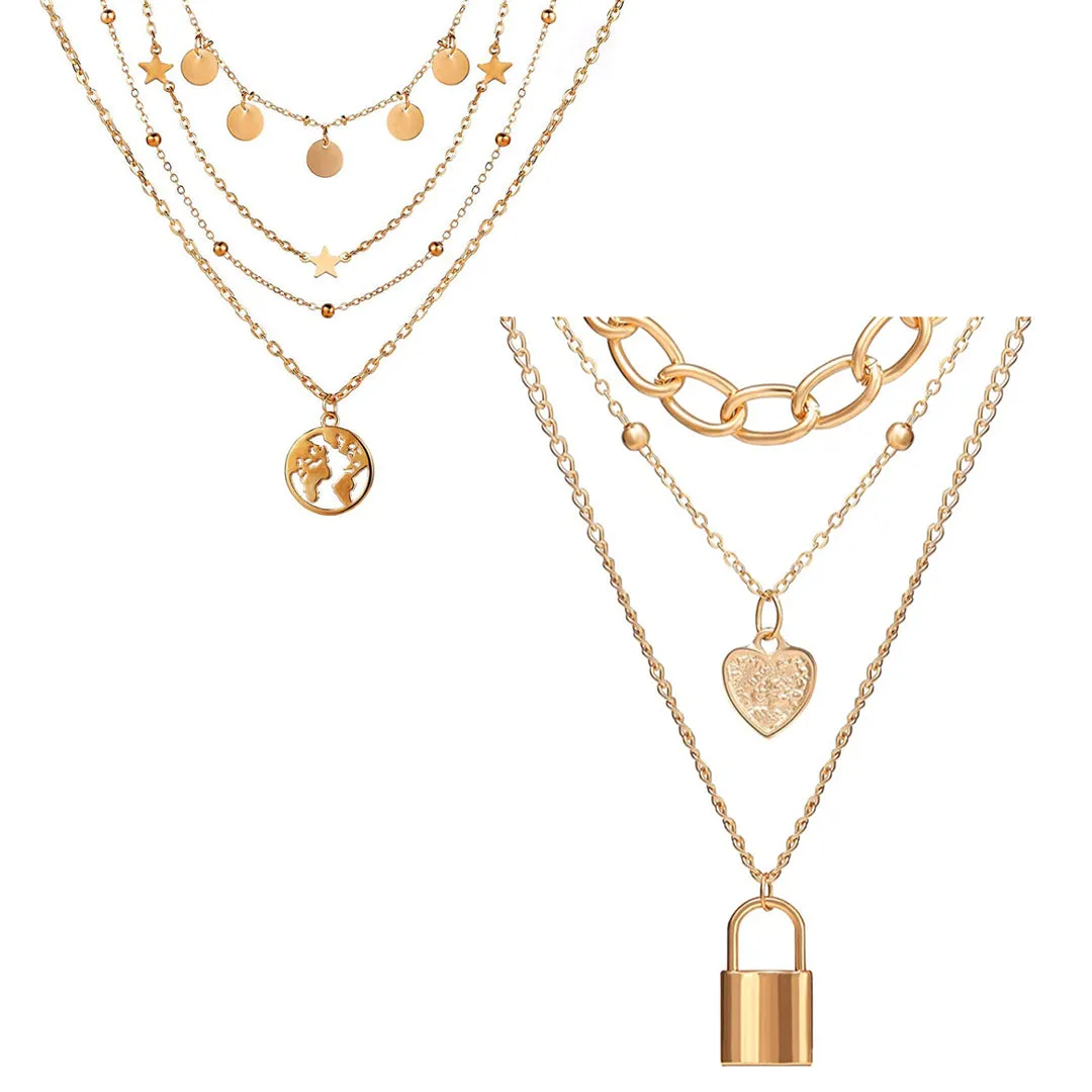 Pack Of 2 Multi Layered Chain Heart Lock Pendant