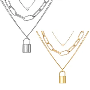 Pack of 2 Triple Layered Heart Lock Necklace