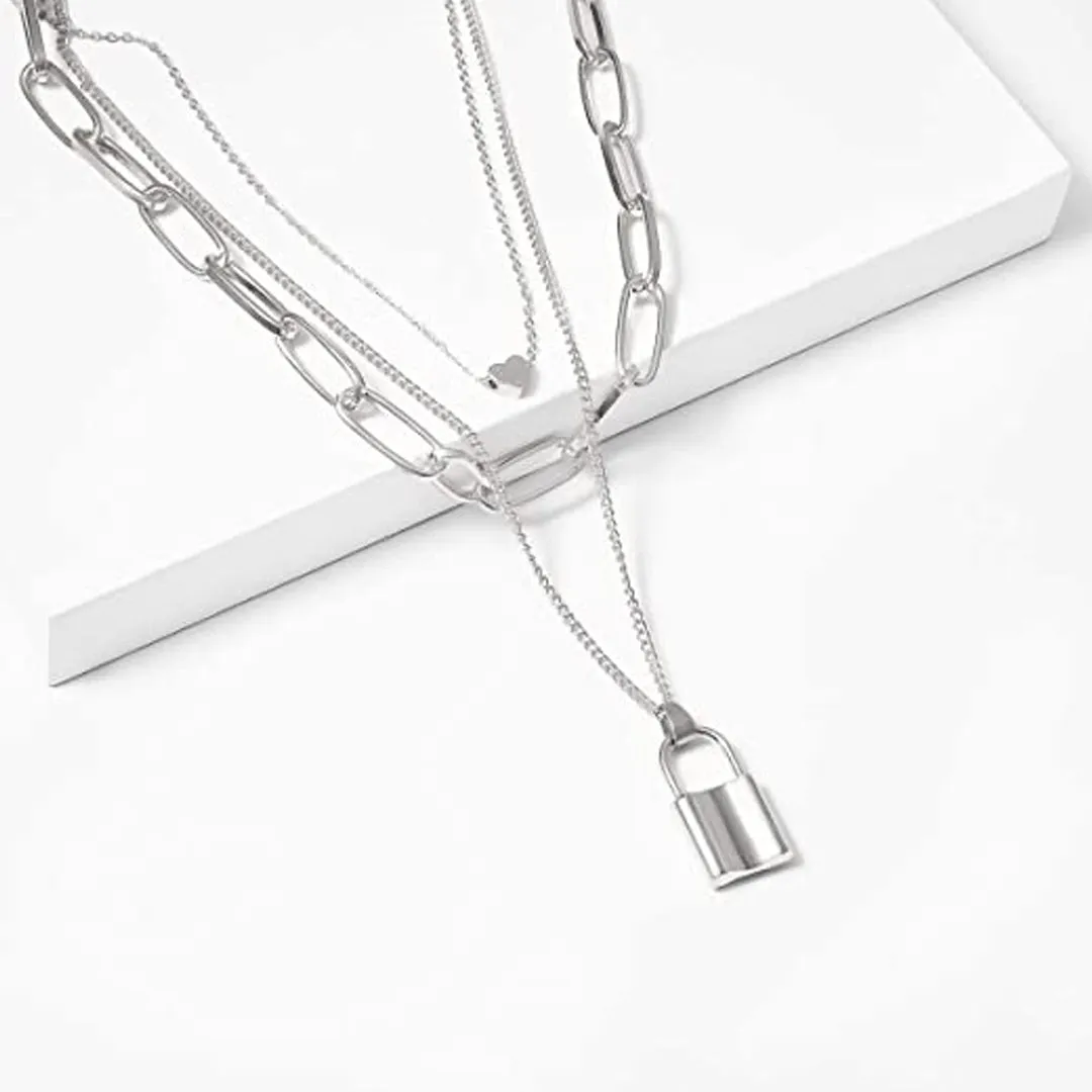 Pack of 2 Triple Layered Heart Lock Necklace