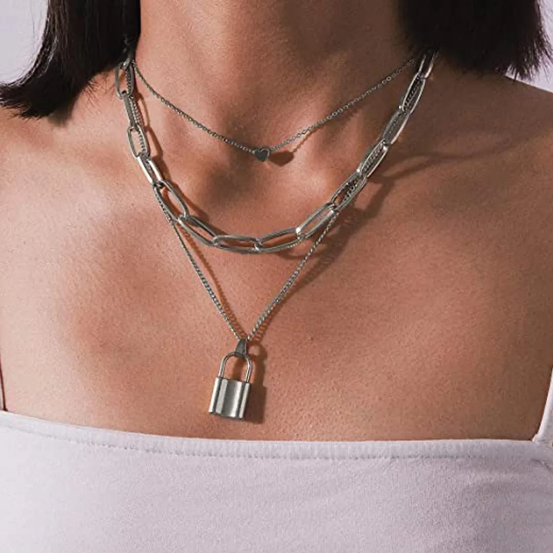 Pack of 2 Triple Layered Heart Lock Necklace