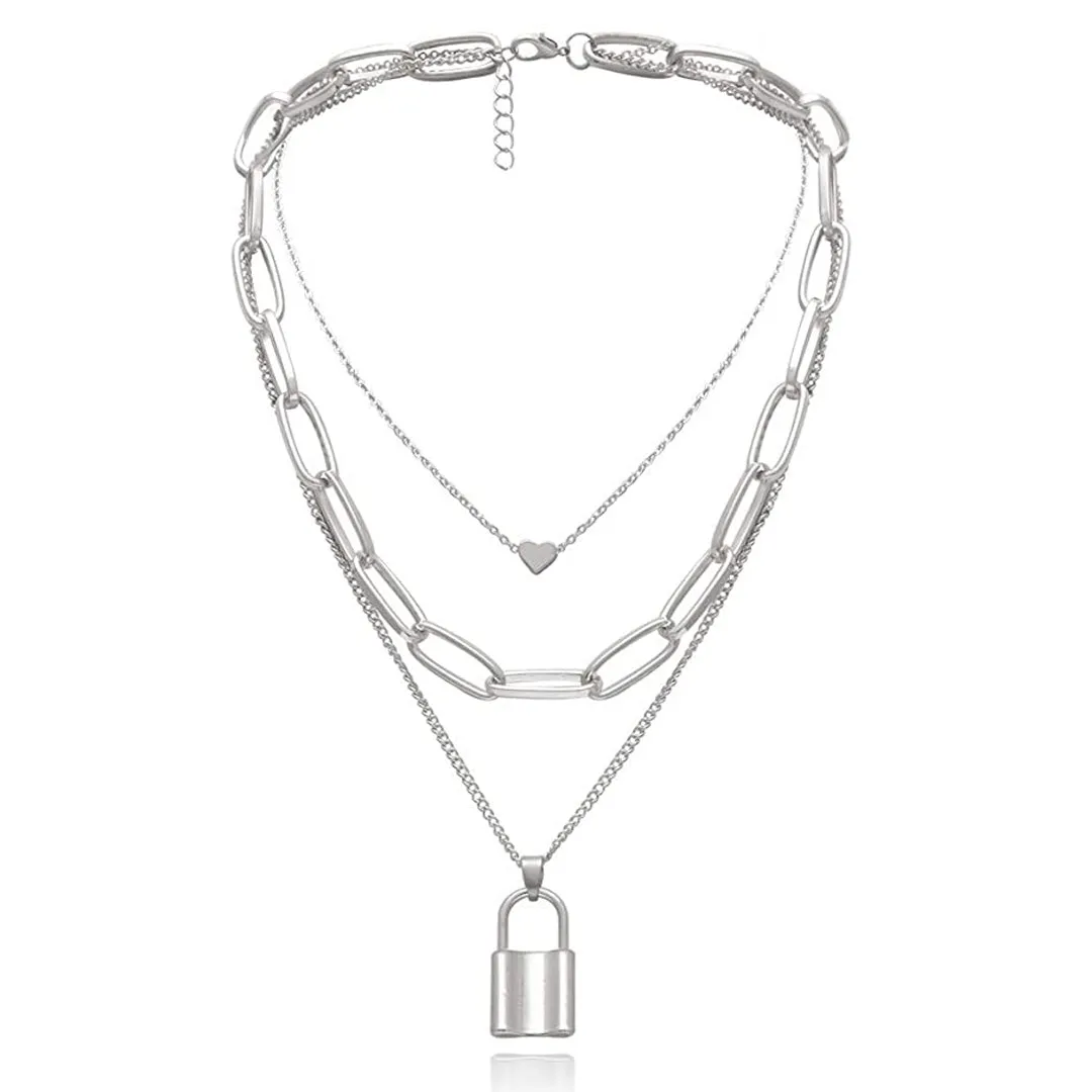Pack of 2 Triple Layered Heart Lock Necklace