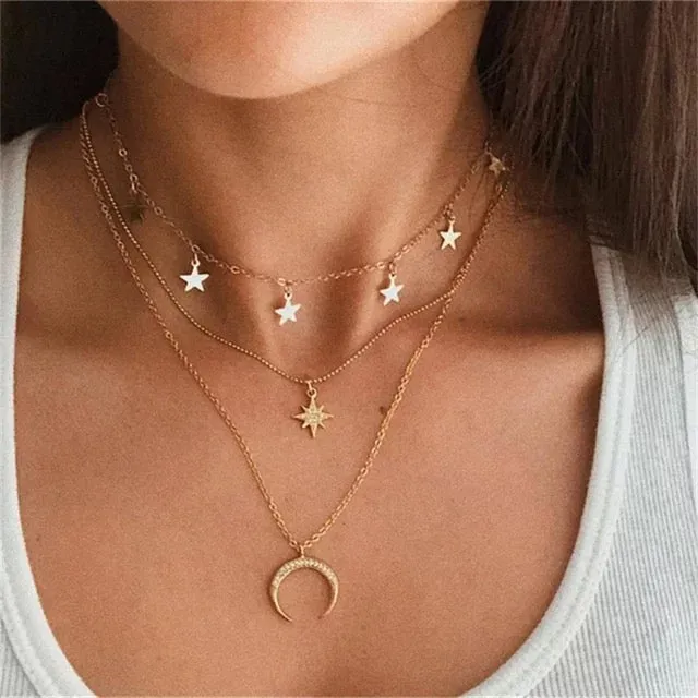 Pack of 2 Triple Layered Moon Star & Coin Star Earth Pendant