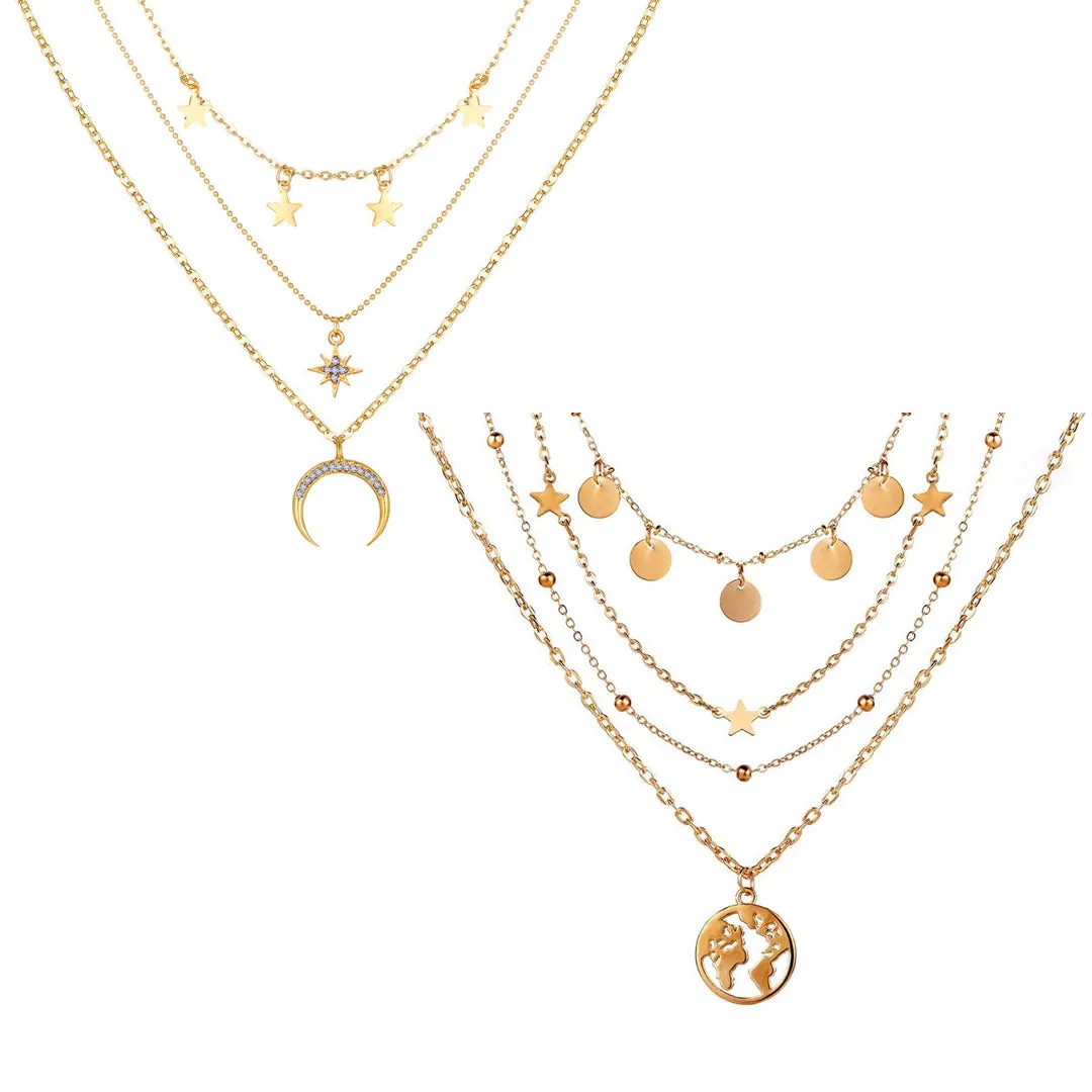 Pack of 2 Triple Layered Moon Star & Coin Star Earth Pendant