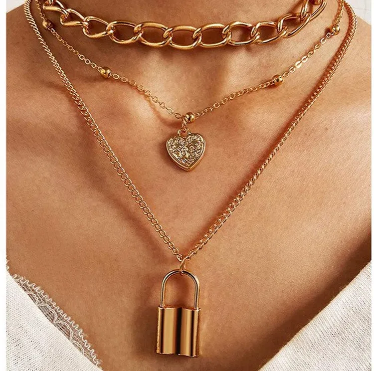 Pack Of 3 Layered Moon Earth Heart And Lock Pendant