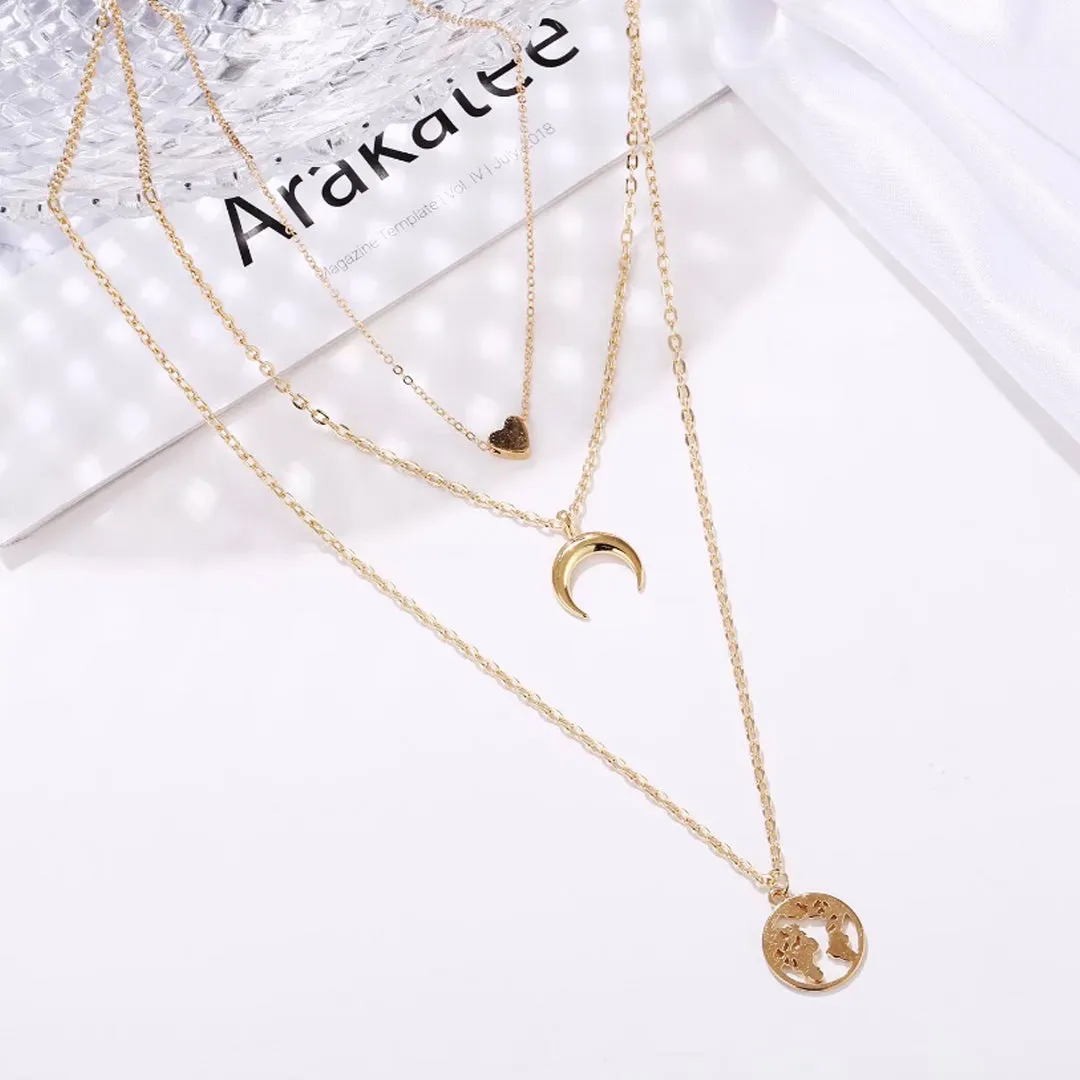 Pack Of 3 Layered Moon Earth Heart And Lock Pendant