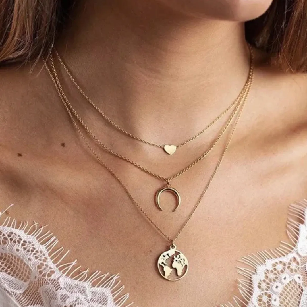 Pack Of 3 Layered Moon Earth Heart And Lock Pendant
