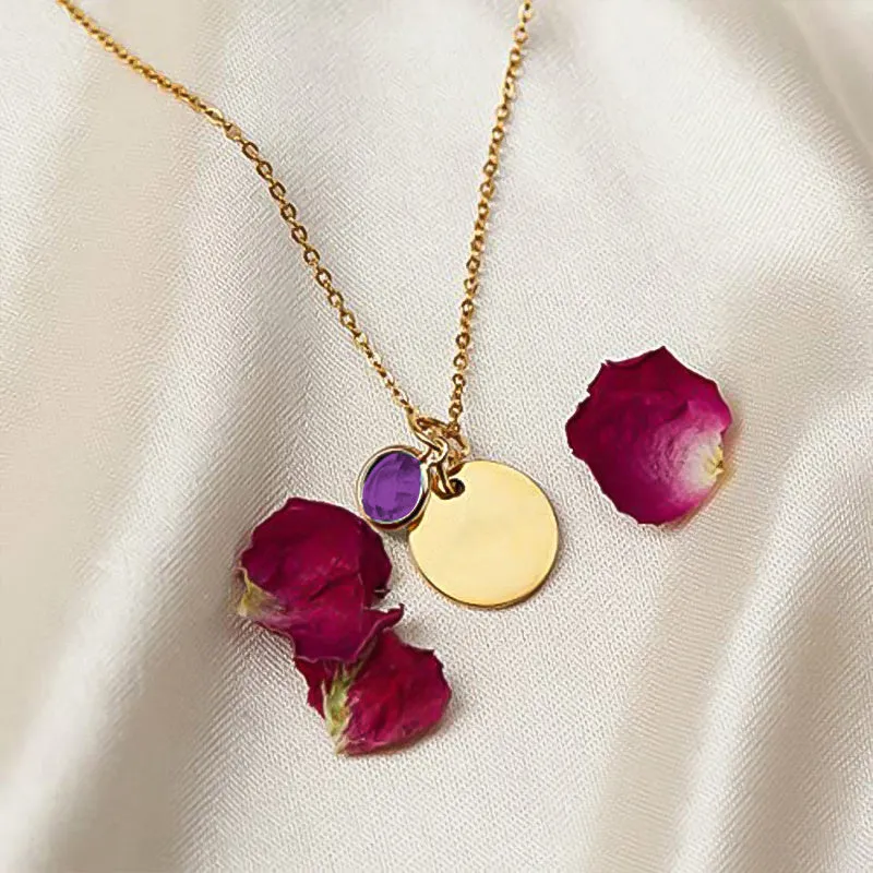 Personalized Birthstone Necklace - Engraved Name Stainless Steel