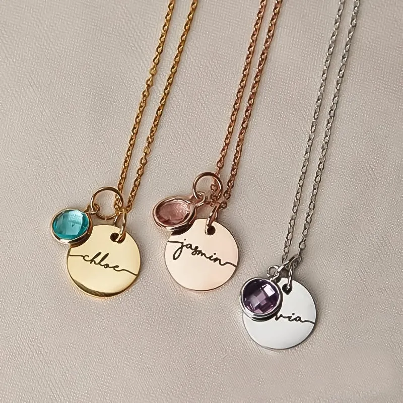 Personalized Birthstone Necklace - Engraved Name Stainless Steel