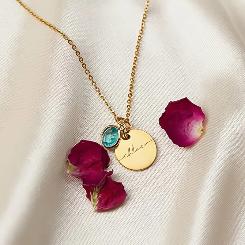 Personalized Birthstone Necklace - Engraved Name Stainless Steel
