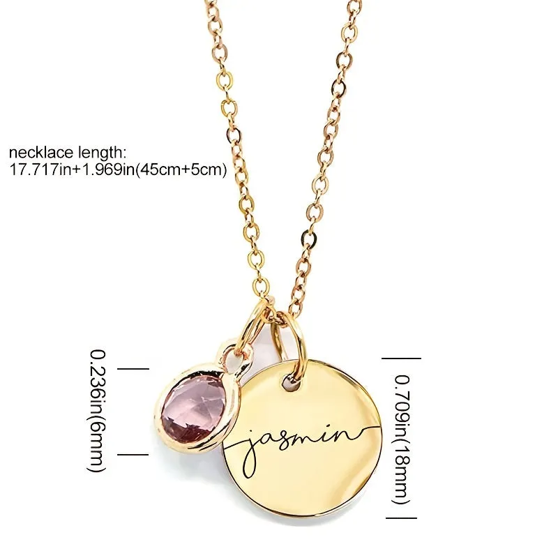 Personalized Birthstone Necklace - Engraved Name Stainless Steel