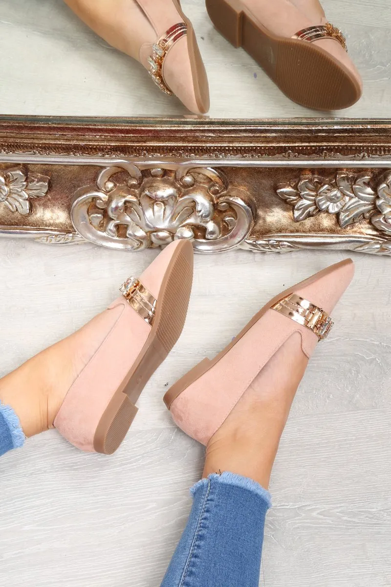 Pink Faux Suede Jewel Front Flats - Hadley
