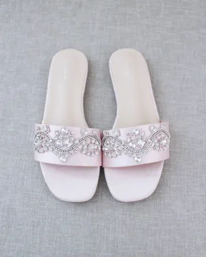 Pink Satin Slip on Sandals with Small Rhinestones Applique