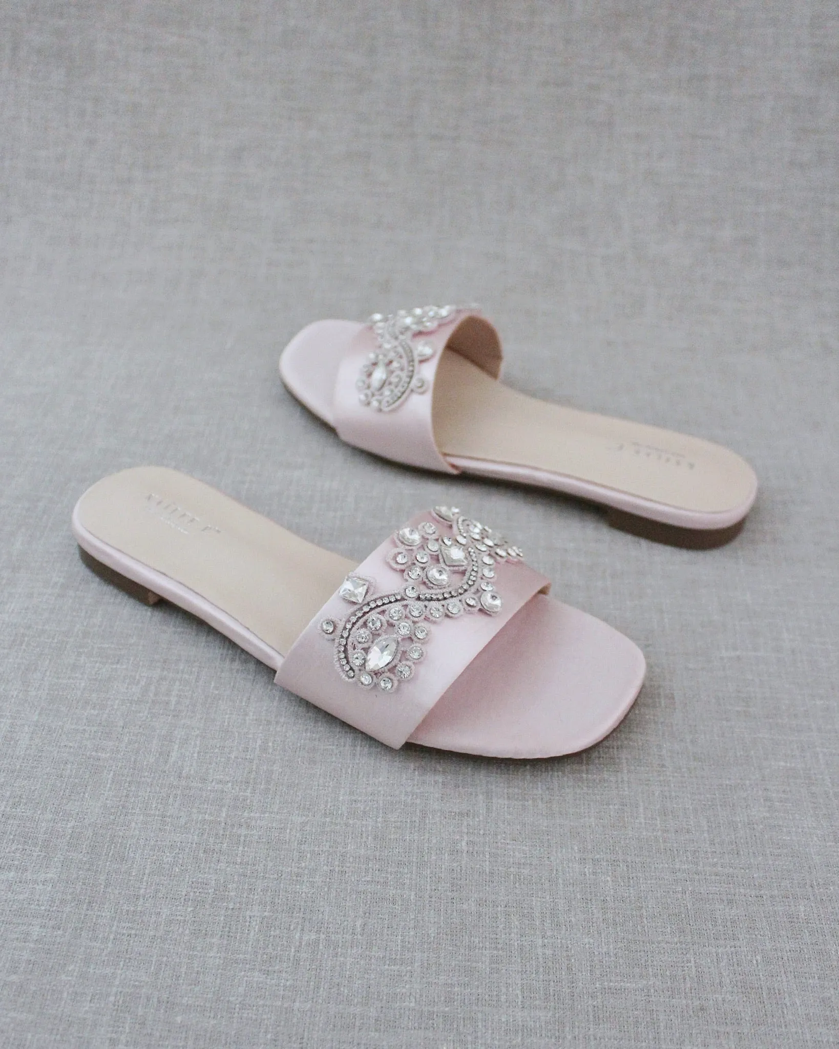 Pink Satin Slip on Sandals with Small Rhinestones Applique