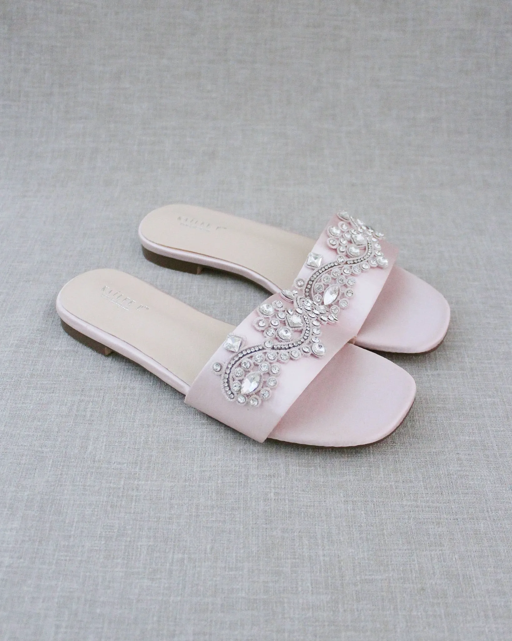Pink Satin Slip on Sandals with Small Rhinestones Applique