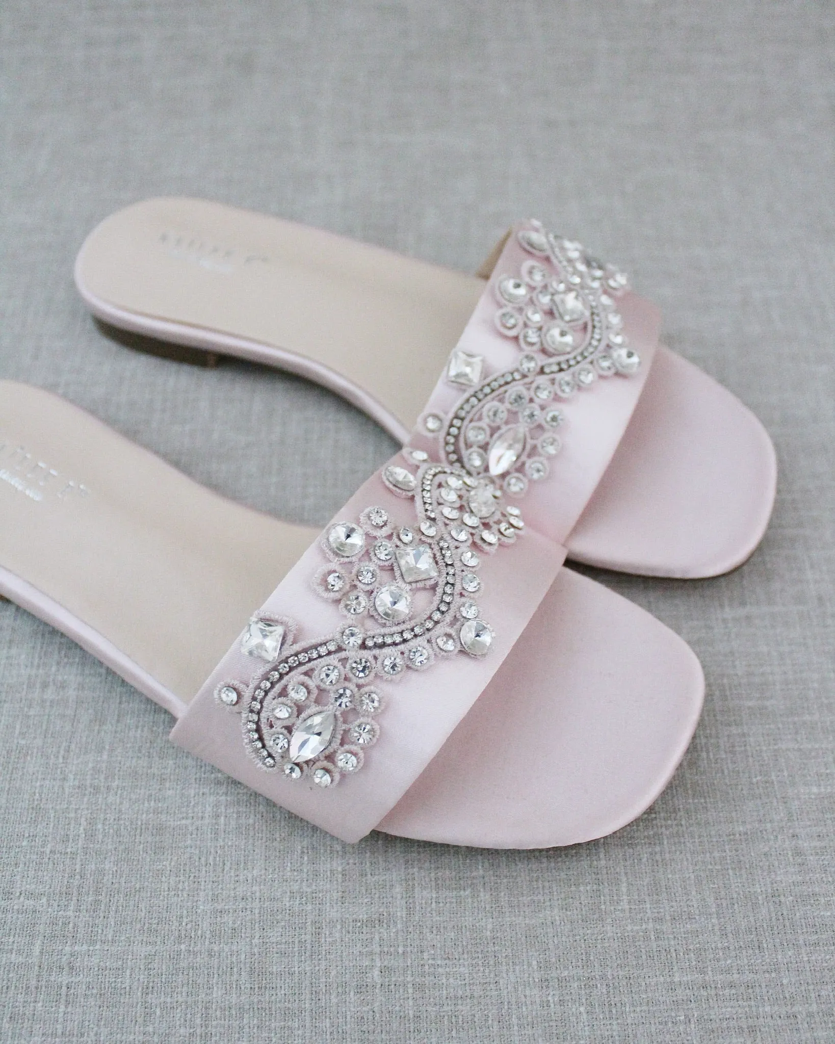 Pink Satin Slip on Sandals with Small Rhinestones Applique