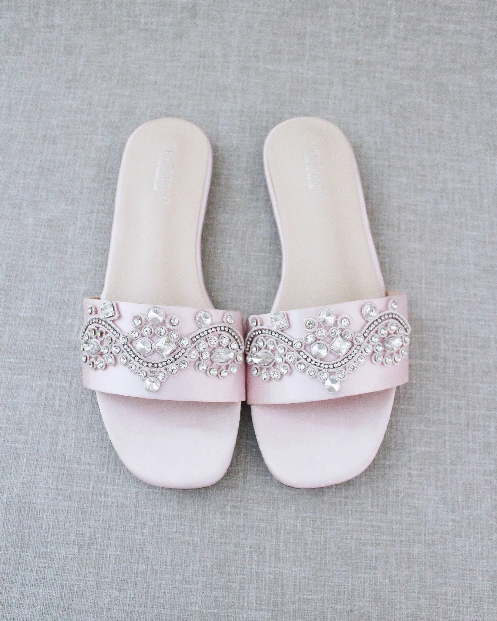 Pink Satin Slip on Sandals with Small Rhinestones Applique