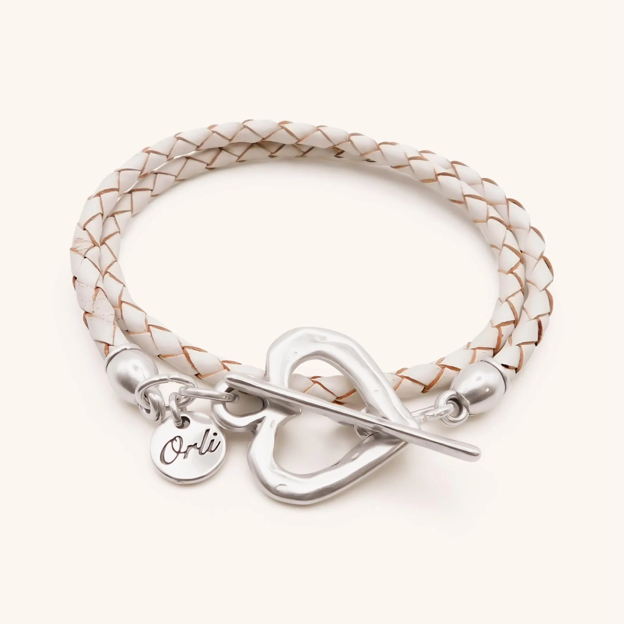 Pleated Leather Wrap Bracelet, Silver & White