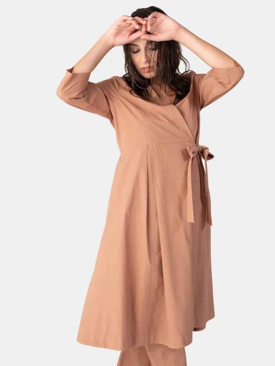 Pleated Midi Cotton Wrap Dress