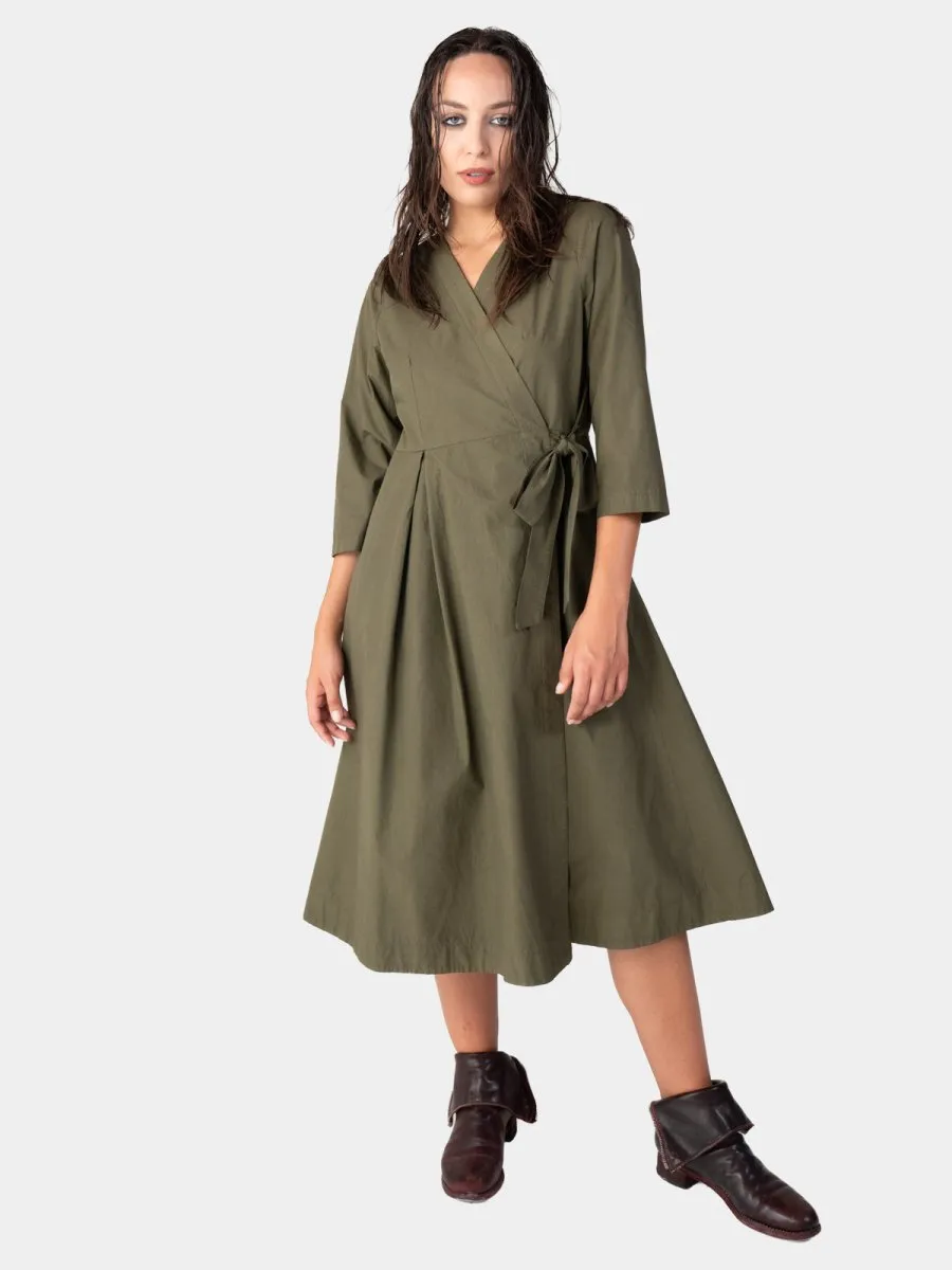 Pleated Midi Cotton Wrap Dress