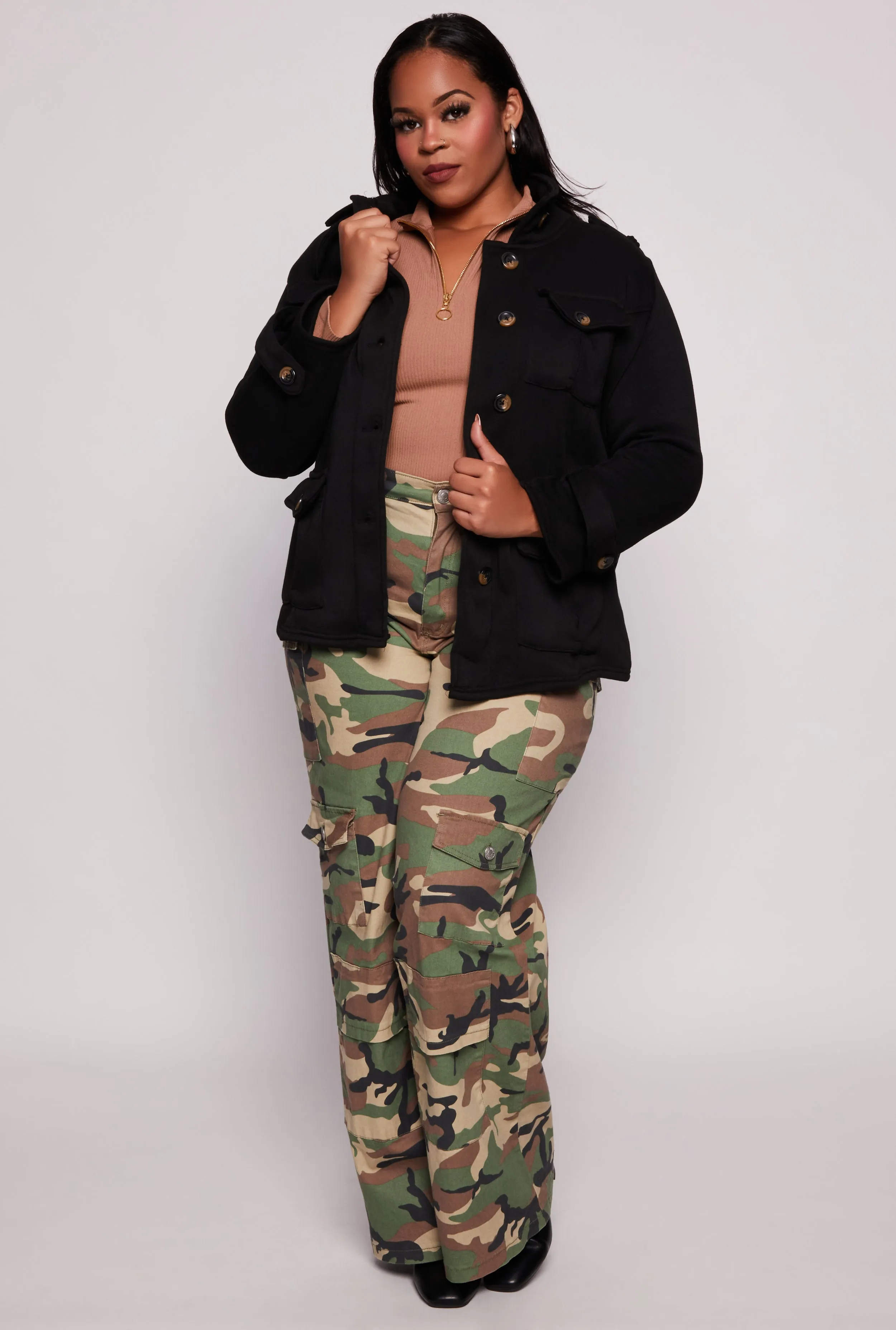 Plus Size Fleece Belted Military Jacket