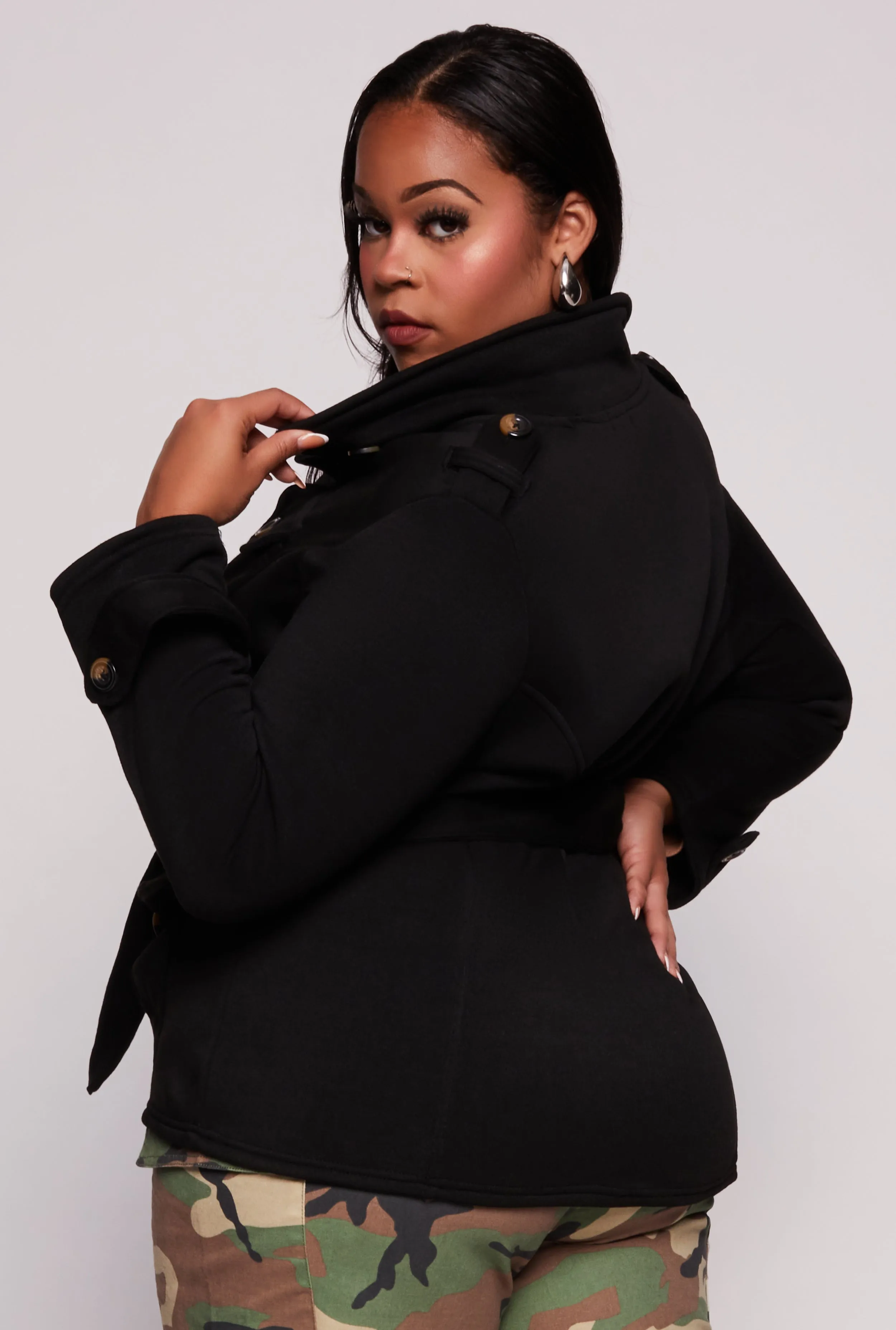 Plus Size Fleece Belted Military Jacket