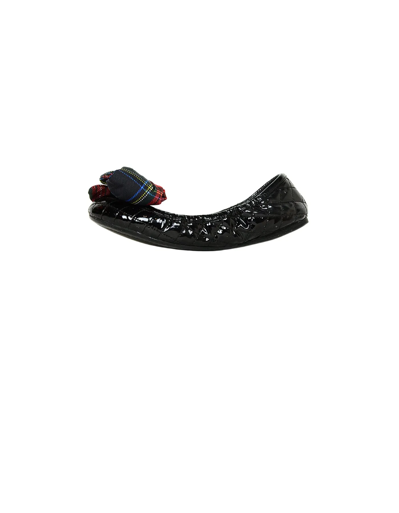Prada Black Patent Leather Flats with Plaid Bow sz 36.5