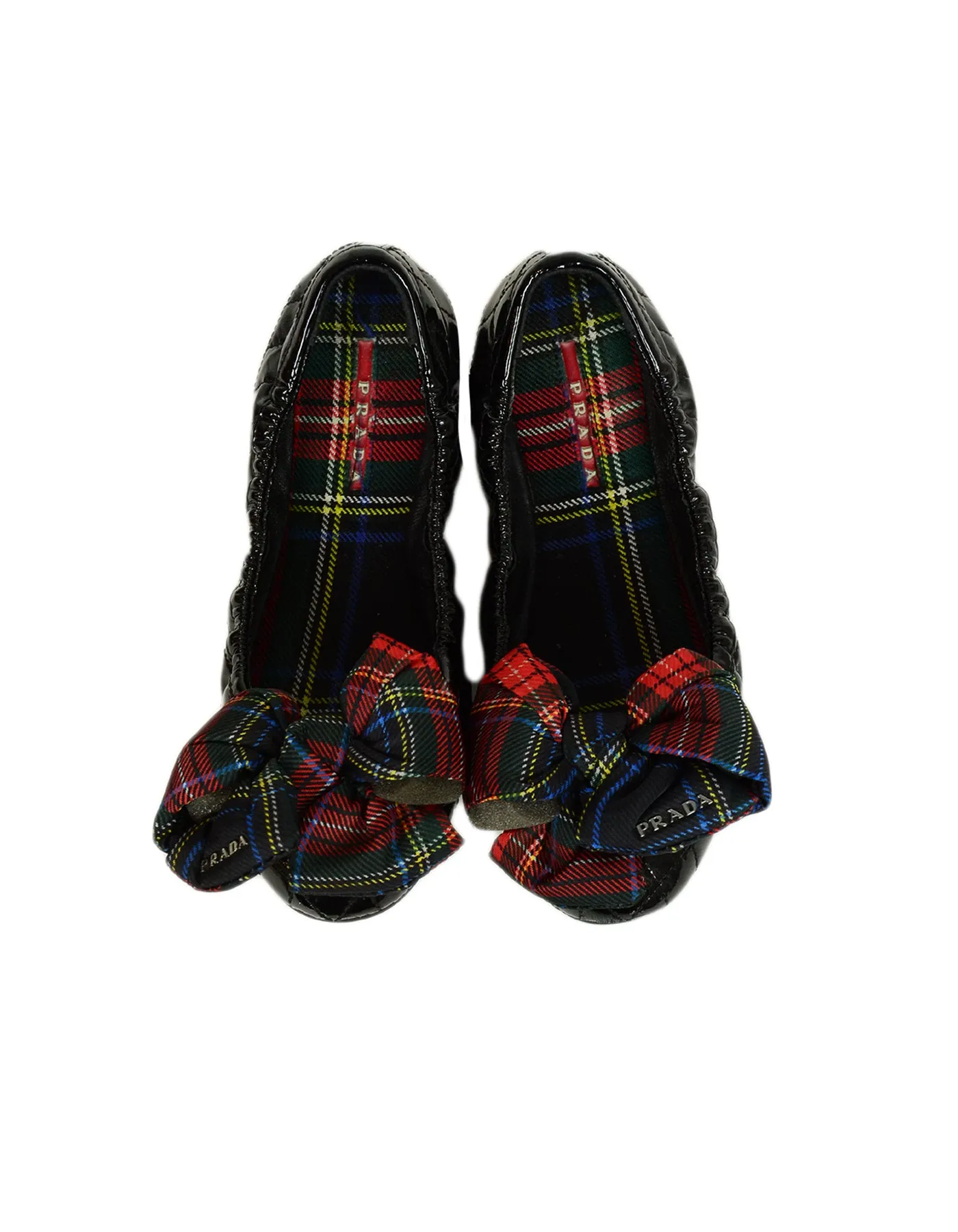 Prada Black Patent Leather Flats with Plaid Bow sz 36.5