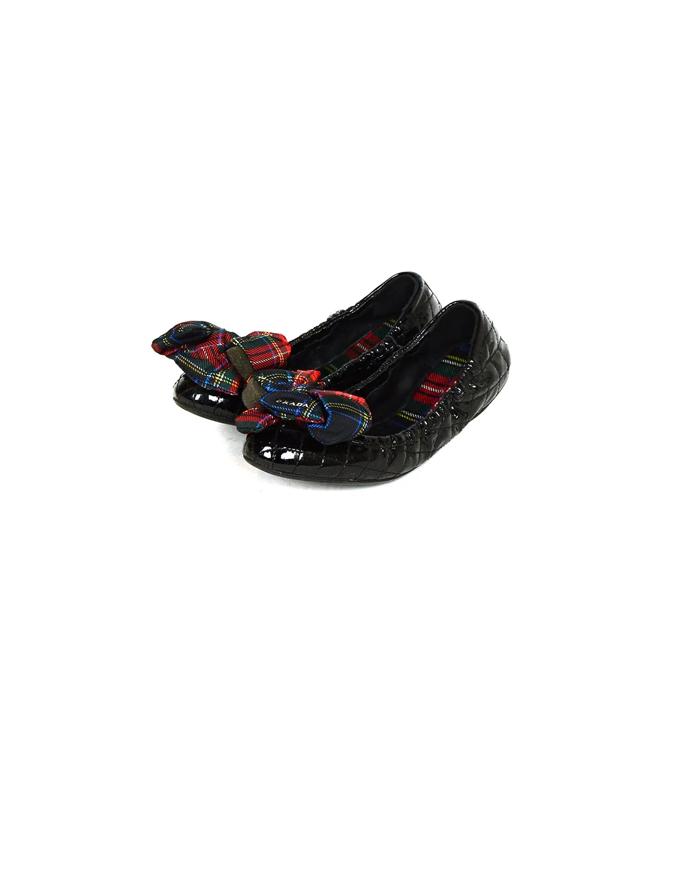 Prada Black Patent Leather Flats with Plaid Bow sz 36.5