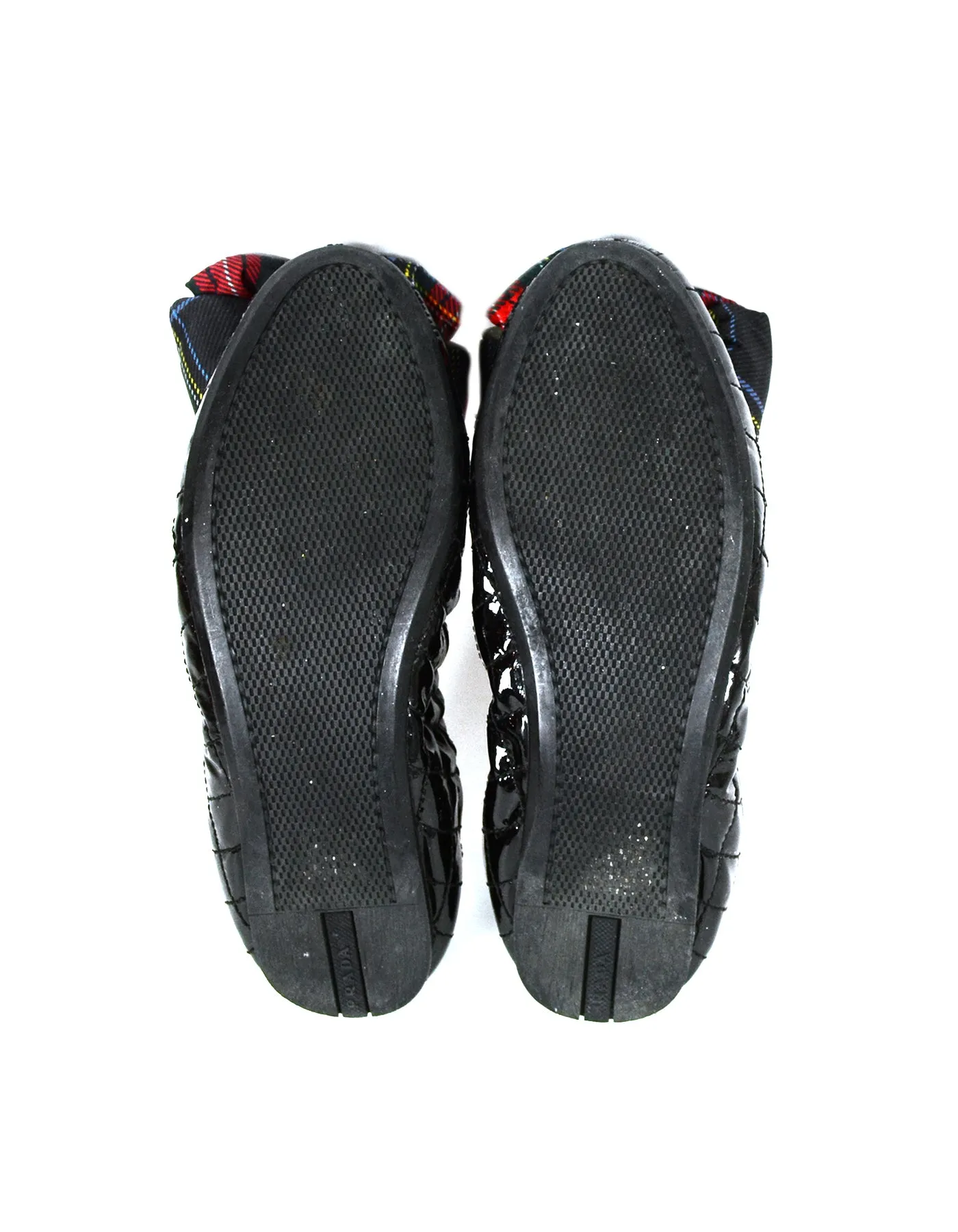 Prada Black Patent Leather Flats with Plaid Bow sz 36.5