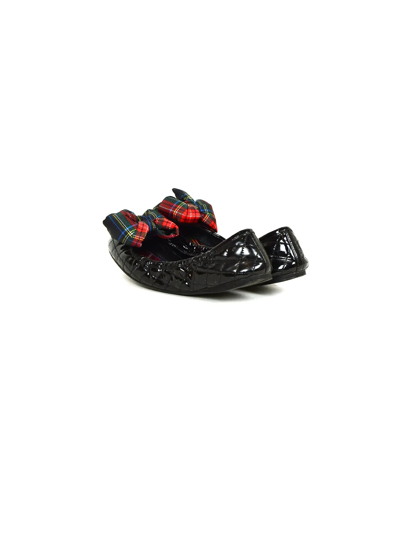 Prada Black Patent Leather Flats with Plaid Bow sz 36.5